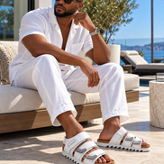 DeLoatch and Company White Triple Strap Italian Leather Slide