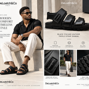 DeLoatch and Company Black Italian Leather Triple Strap Sandal