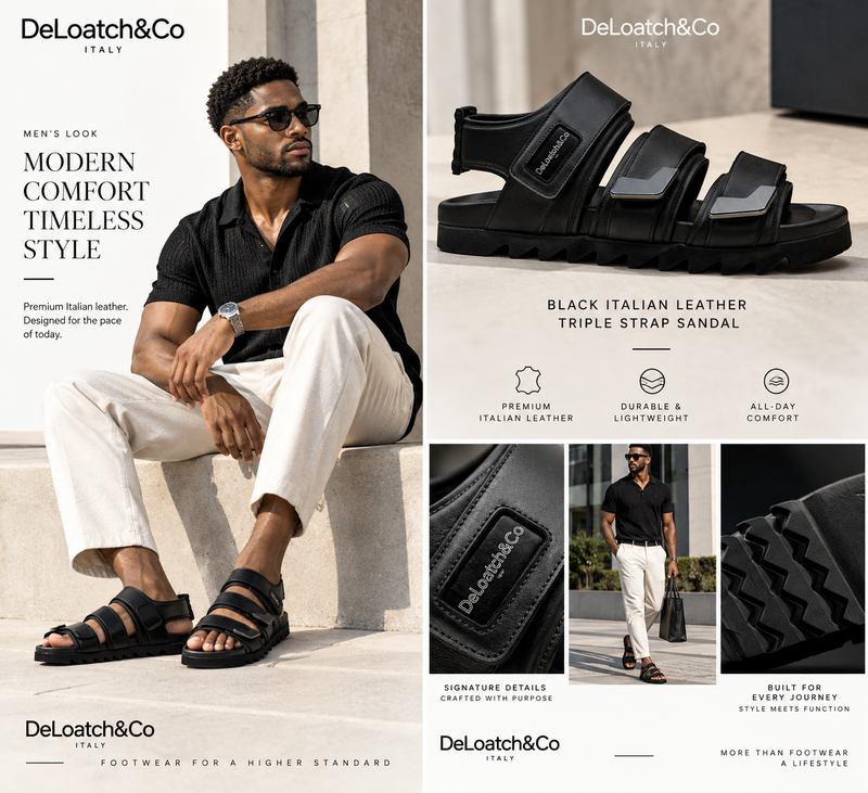 DeLoatch and Company Black Italian Leather Triple Strap Sandal