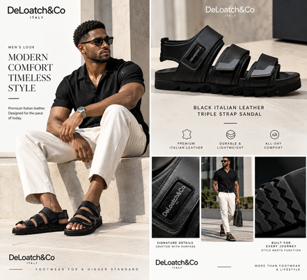 DeLoatch and Company Black Italian Leather Triple Strap Sandal